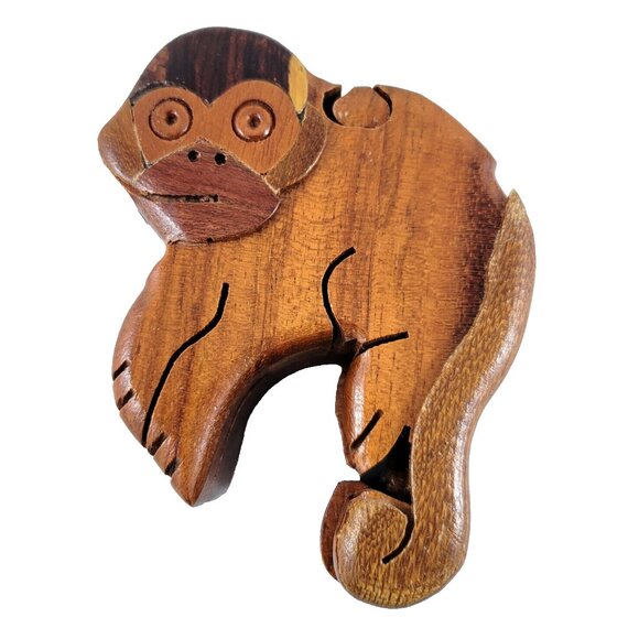 Puzzle Box Monkey Trinket Wooden Wood Hardwood Felt Lined Jewelry Animal Carved - Picture 1 of 8